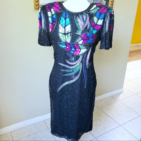 Vintage Dresses & Skirts - Black Vintage Multicolor Sequin/Beads Dress